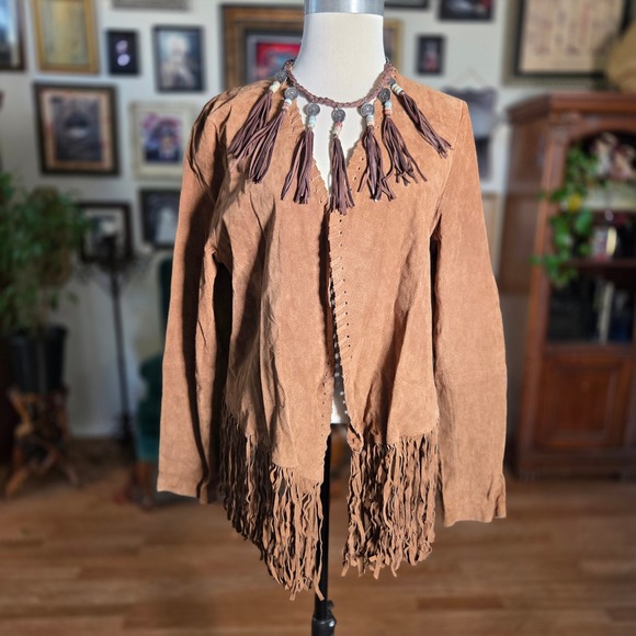 Forever 21 Plus Brown Pigskin Leather Fringe Jacket Western Open Front Womens - Picture 2 of 8